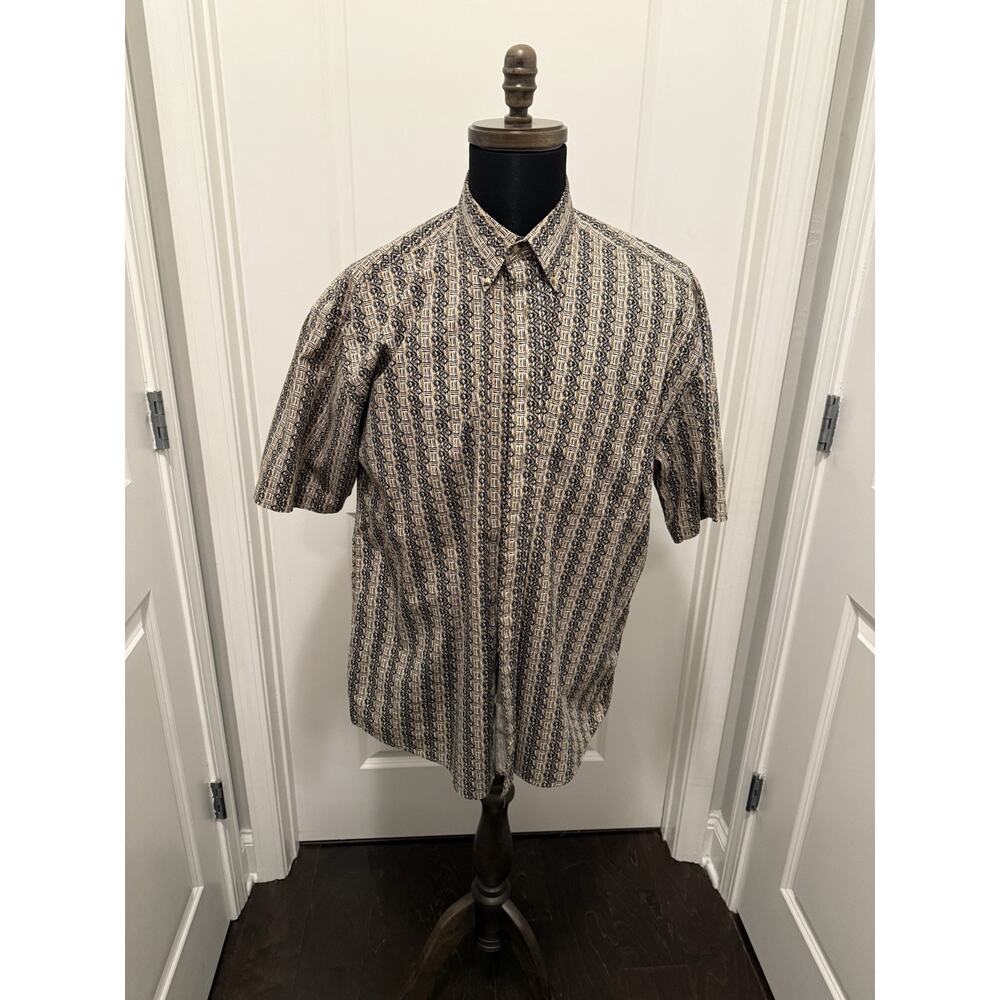 Tribute Men’s L Short Sleeve Shirt 100% Cotton Brown Navy Geometric Retro